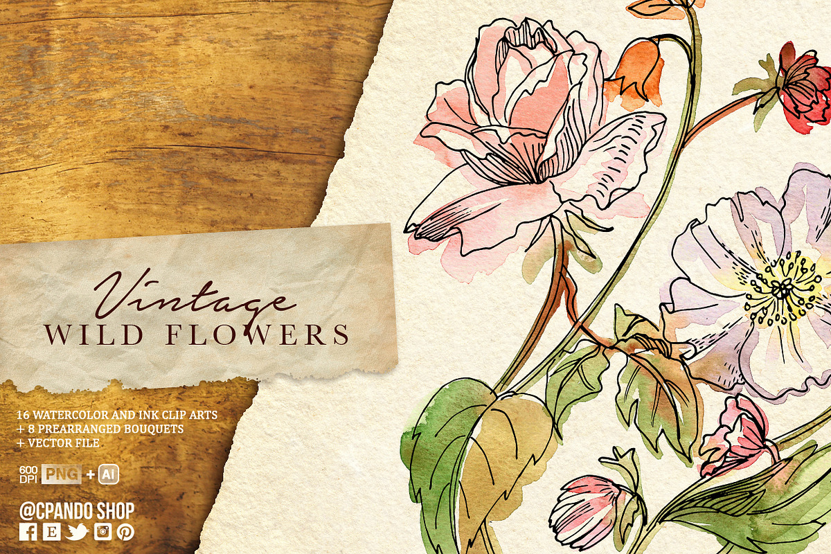 Vintage Wild Flowers watercolor in Illustrations - product preview 8