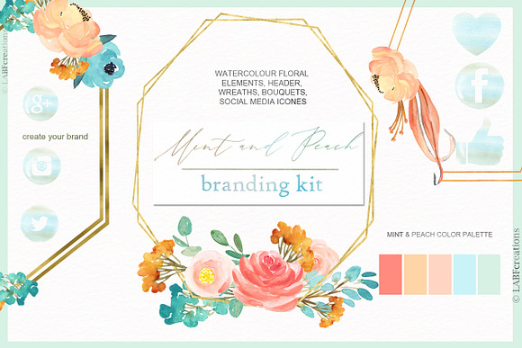 Mint blue & Peach Branding kit in Illustrations - product preview 1
