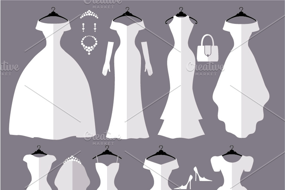 Wedding dresses flat silhouettes set in Illustrations - product preview 8