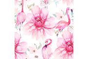 Watercolor Pattern With Flamingo