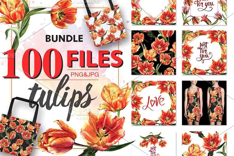 Tulip red PNG watercolor flower set in Illustrations - product preview 8