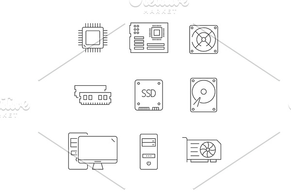 Computer components line icons