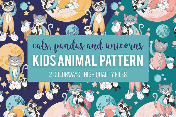 Cats, pandas and unicorns pattern