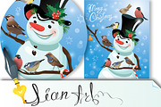 Card with funny snowman and birds
