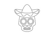 Sugar skull in sombrero line icon