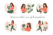 Woman takes care of houseplants