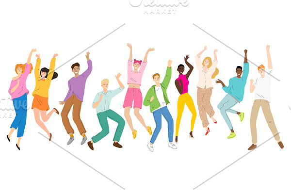Group of young happy dancing people
