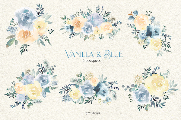 Vanilla & Blue Floral Clip Art Set