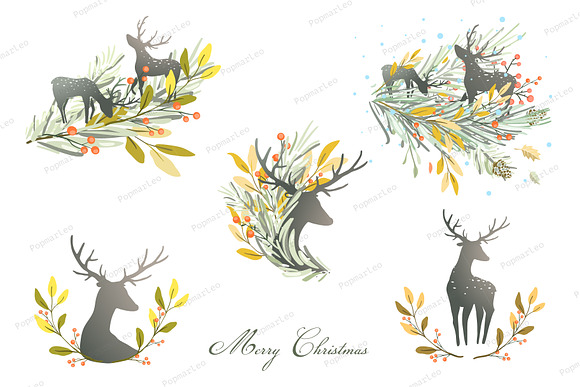 Deers watercolor style Christmas set in Illustrations - product preview 1