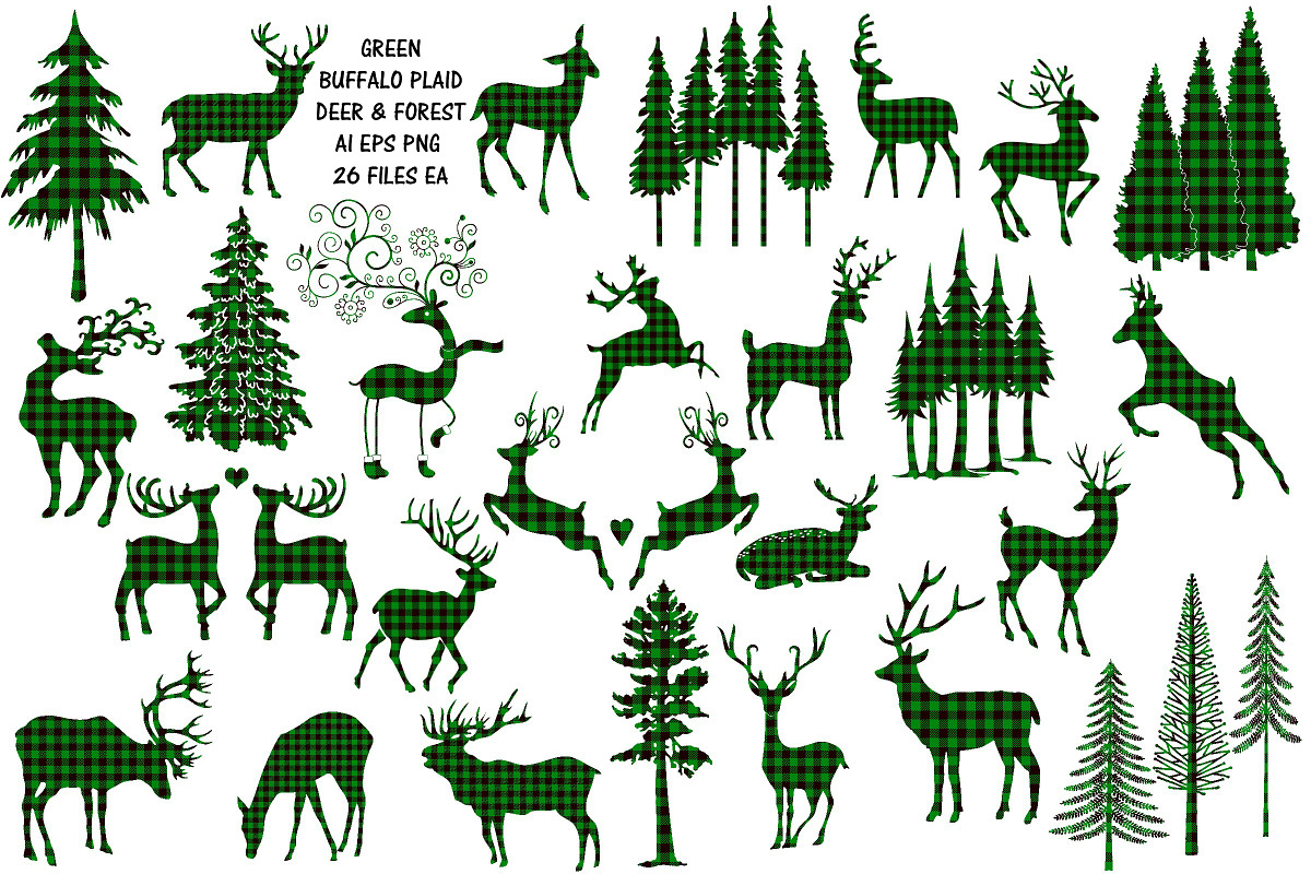 Green Buffalo Plaid Deer/Forest in Illustrations - product preview 8