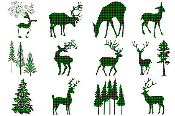 Green Buffalo Plaid Deer/Forest in Illustrations - product preview 1