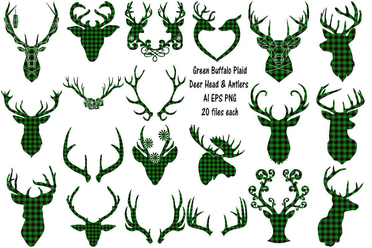 Green Buffalo Plaid Deer/Antlers in Illustrations - product preview 8
