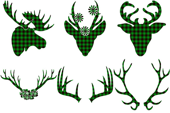 Green Buffalo Plaid Deer/Antlers in Illustrations - product preview 1