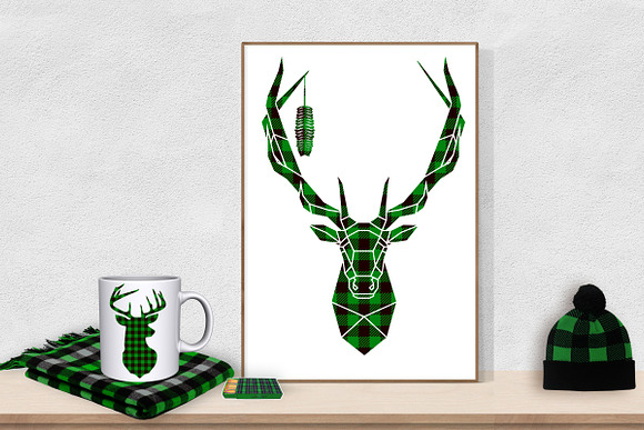 Green Buffalo Plaid Deer/Antlers in Illustrations - product preview 4