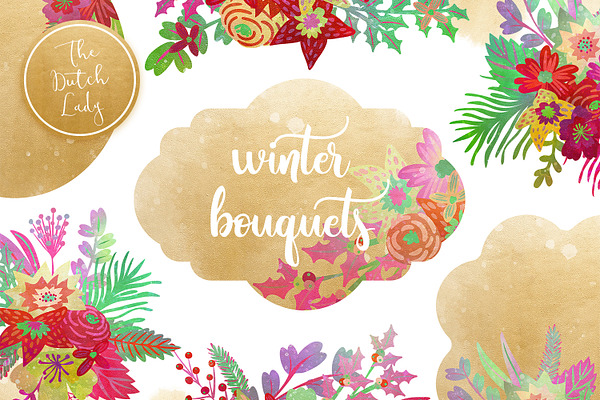 Winter Bouquet & Label Clipart Set