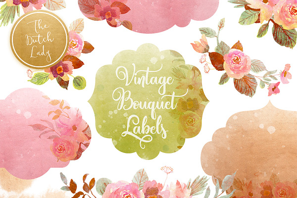 Vintage Bouquet & Label Clipart Set