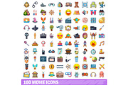 100 movie icons set, cartoon style