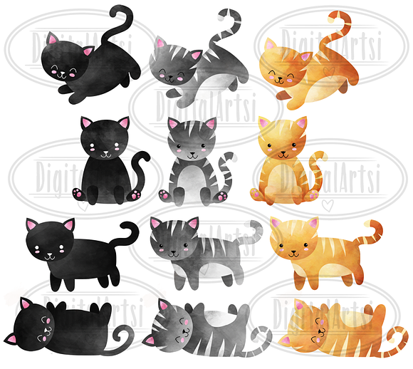 Watercolor Cats Clipart in Illustrations - product preview 1