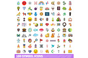 100 symbol icons set, cartoon style