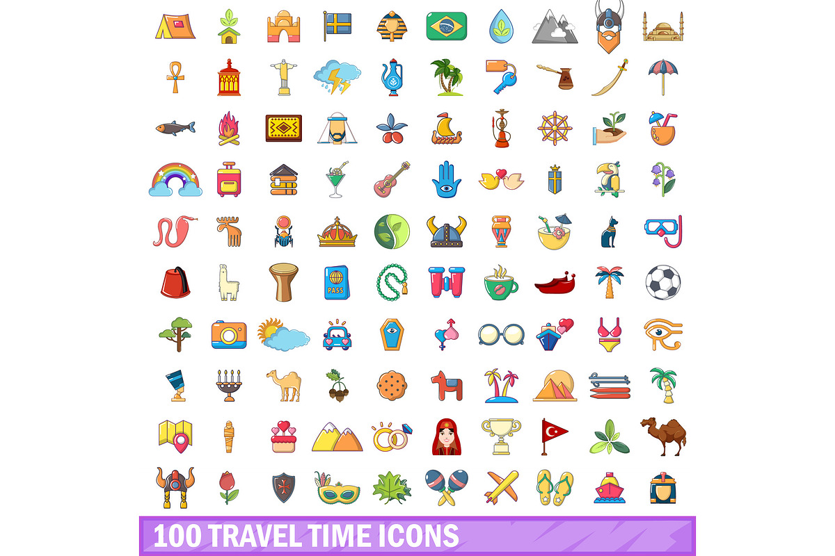 100 travel time icons set in Illustrations - product preview 8
