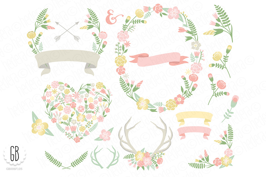 Flower wreaths pastel heart antlers in Illustrations - product preview 8