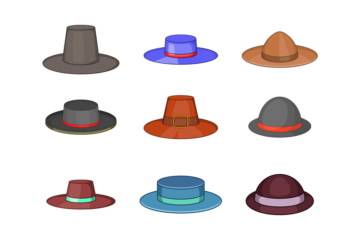 Porkpie hat icon set, cartoon style in Illustrations - product preview 8