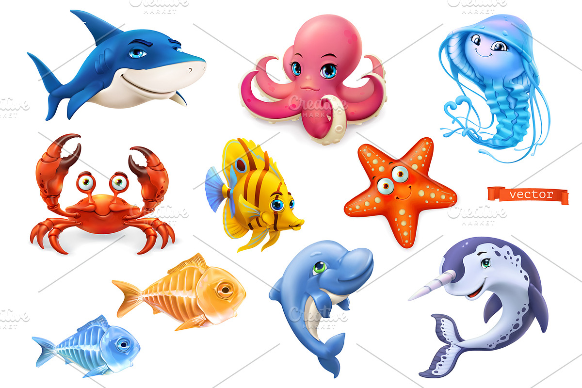 Fish, crab. Cute sea inhabitants set in Icons - product preview 8
