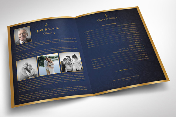 Blue Gold Funeral Program Word in Brochure Templates - product preview 2