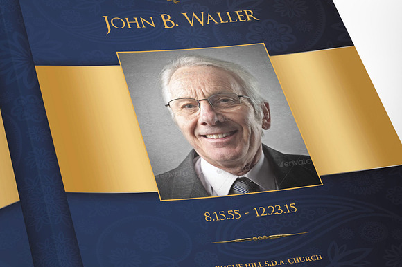 Blue Gold Funeral Program Word in Brochure Templates - product preview 5