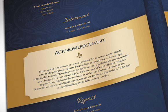 Blue Gold Funeral Program Word in Brochure Templates - product preview 6