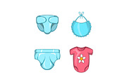 Baby clothes icon set, cartoon style