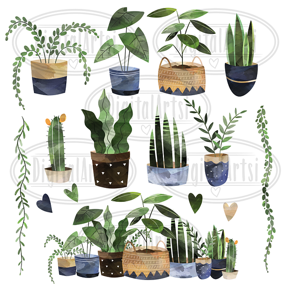 Watercolor House Plants Clipart in Illustrations - product preview 1