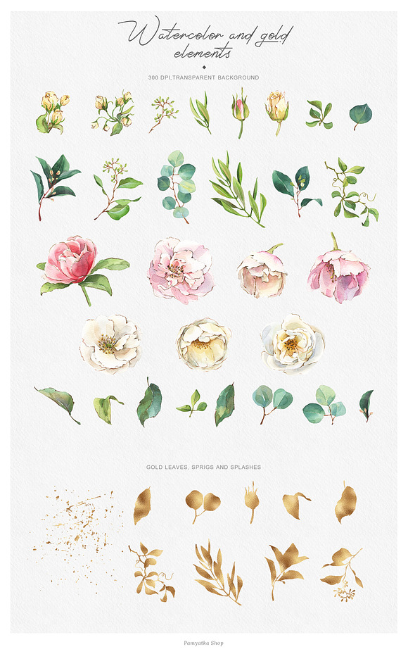 Pink & white flowers- watercolor set in Illustrations - product preview 8