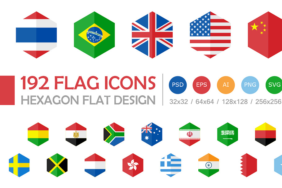 192 Flag Icons Hexagon Flat Design