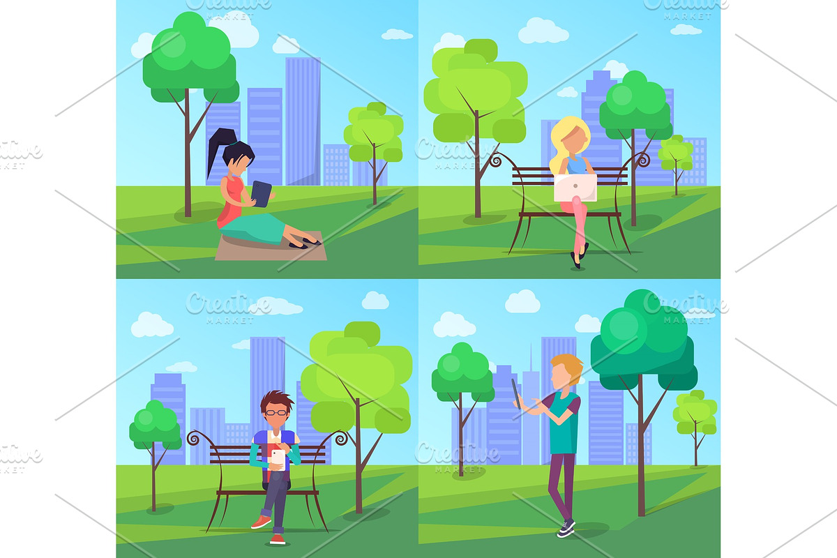 People in Park Using Modern Computer in Illustrations - product preview 8