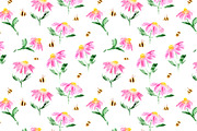 Watercolor flowers and bees seamless