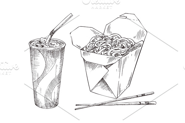 Noodles in Box and Paper Cup Drink