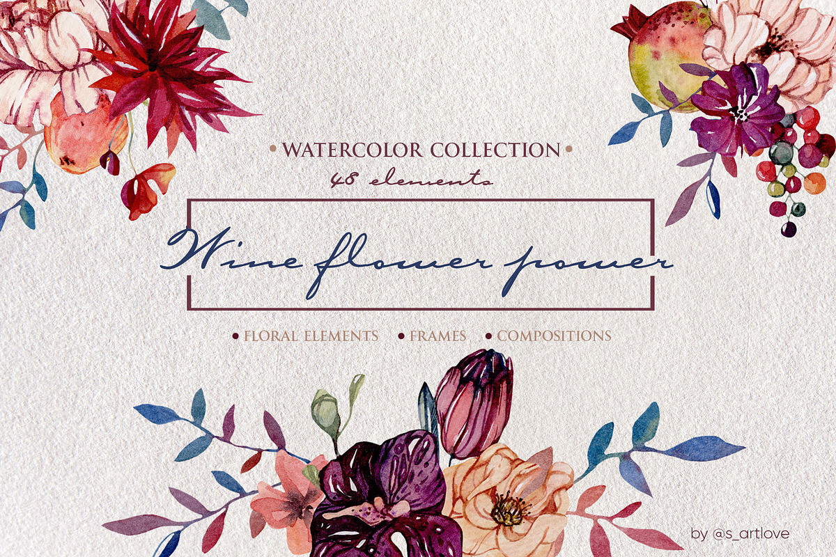 Watercolor graphic.Wine Flower Power in Illustrations - product preview 8