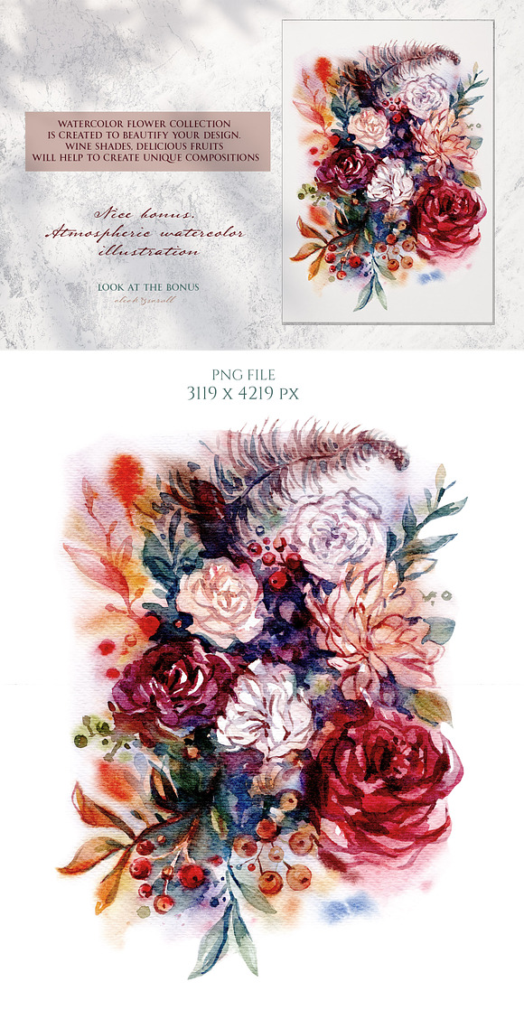 Watercolor graphic.Wine Flower Power in Illustrations - product preview 1