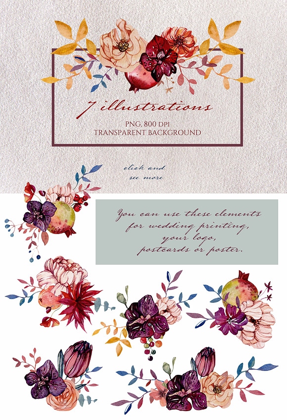 Watercolor graphic.Wine Flower Power in Illustrations - product preview 3