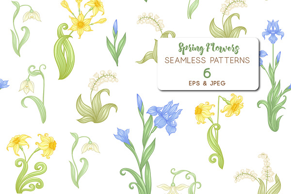 6 Spring flowers Seamless Patterns