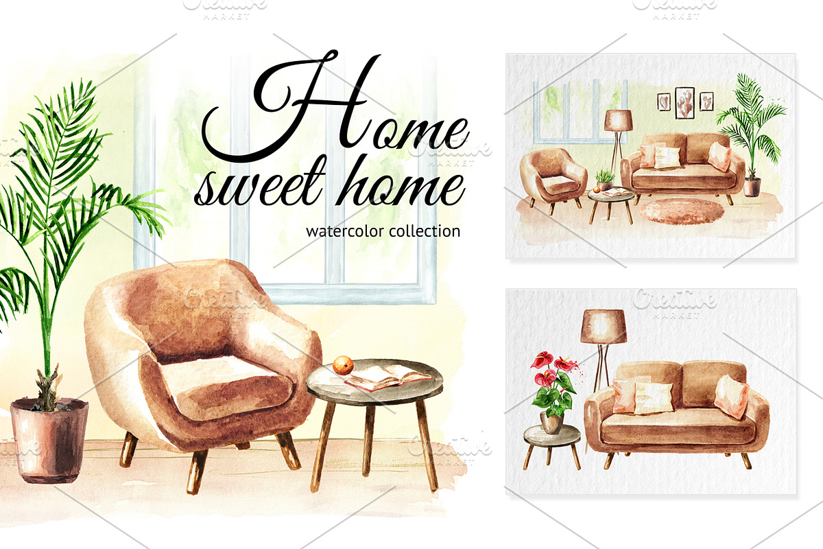 Home sweet home. Watercolor set in Illustrations - product preview 8
