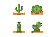 Wild cactuses in ground icons set