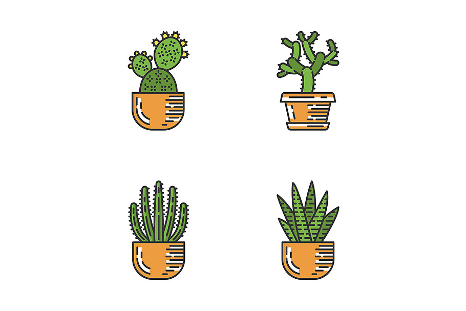 House cacti in pot color icons set in Icons - product preview 8