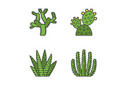 Wild cactus color icons set