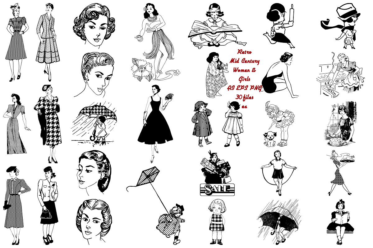 Retro Mid Century Women & Girls in Illustrations - product preview 8