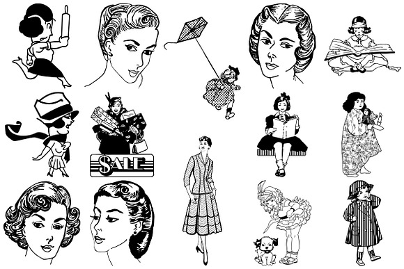 Retro Mid Century Women & Girls in Illustrations - product preview 1