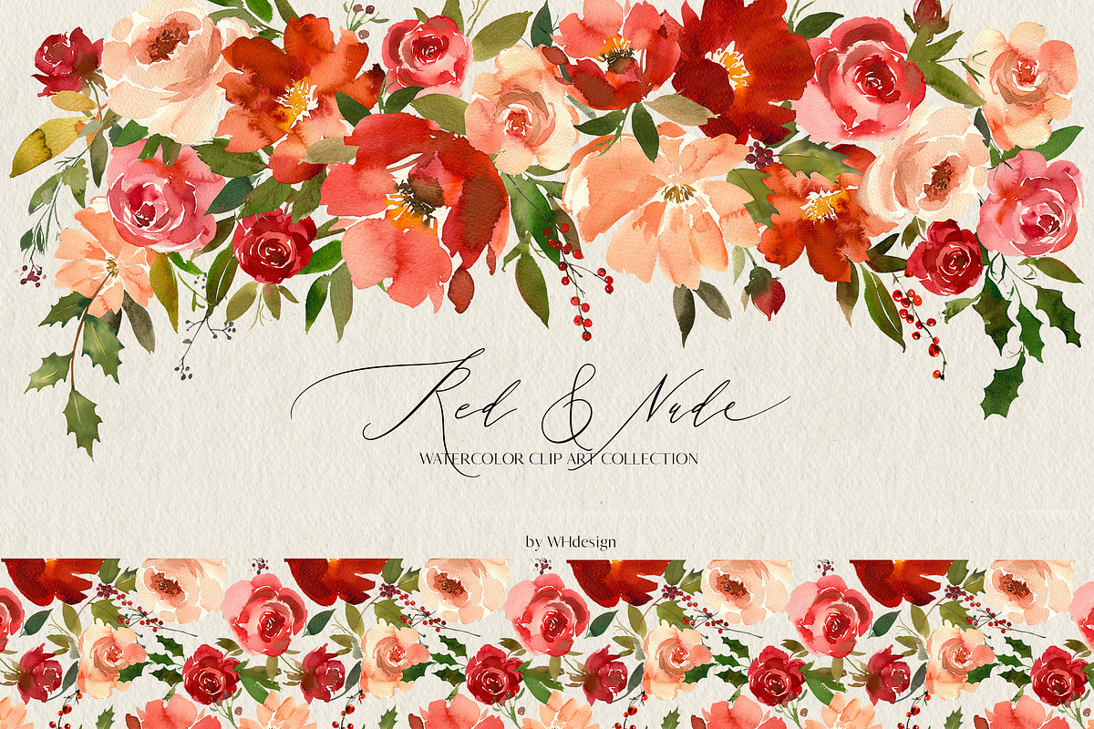Red Nude Watercolor Flowers PNG in Illustrations - product preview 8