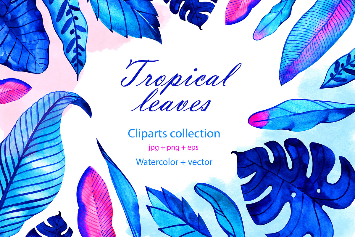 Watercolor neon tropical leaves in Objects - product preview 8