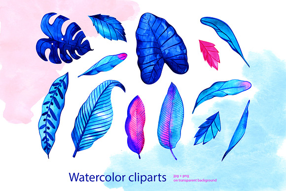 Watercolor neon tropical leaves in Objects - product preview 1